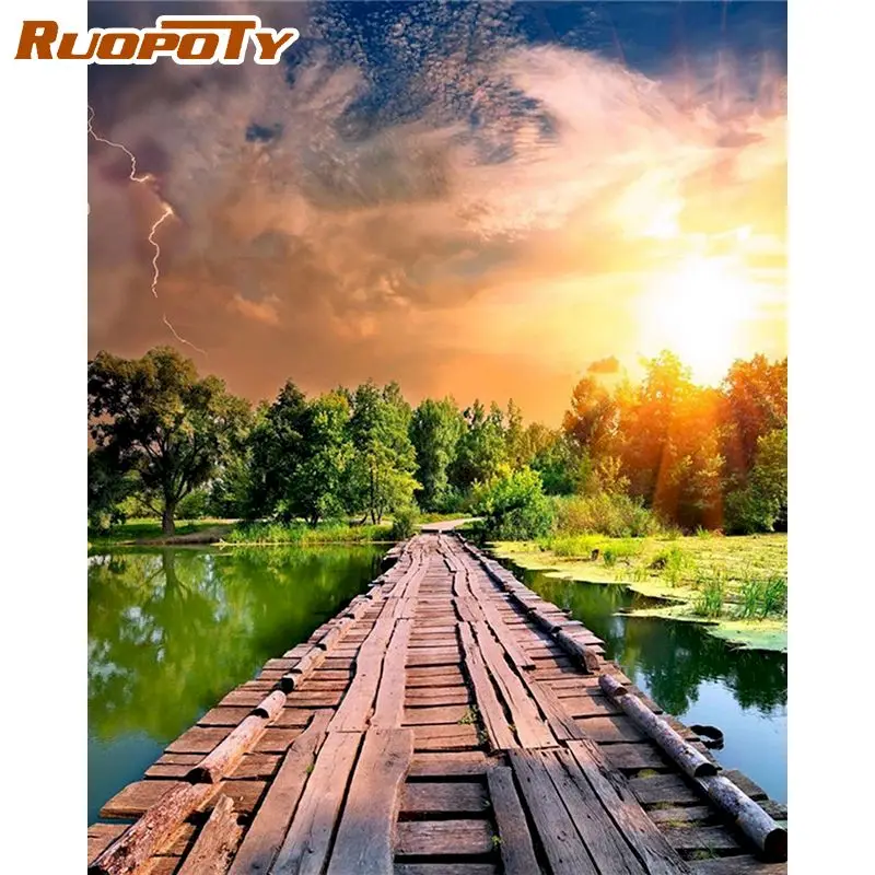 

RUOPOTY Frame Diy Painting By Numbers Kits Landscape Modern Home Wall Art Picutre painting River and Bridge For Home Artcraft