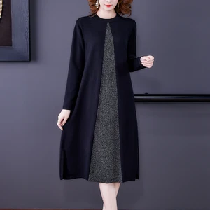 Imported Winter New Black Patchwork Wool Sweater Midi Dress Autumn Women Vintage Knitted Pullovers 2022 Elega