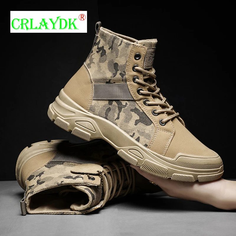 

CRLAYDK 2021 Winter Men's Desert Camouflage Boots Tooling Ankle Work Leather Shoes Fashion Outdoor Hiking Male Casual Booties