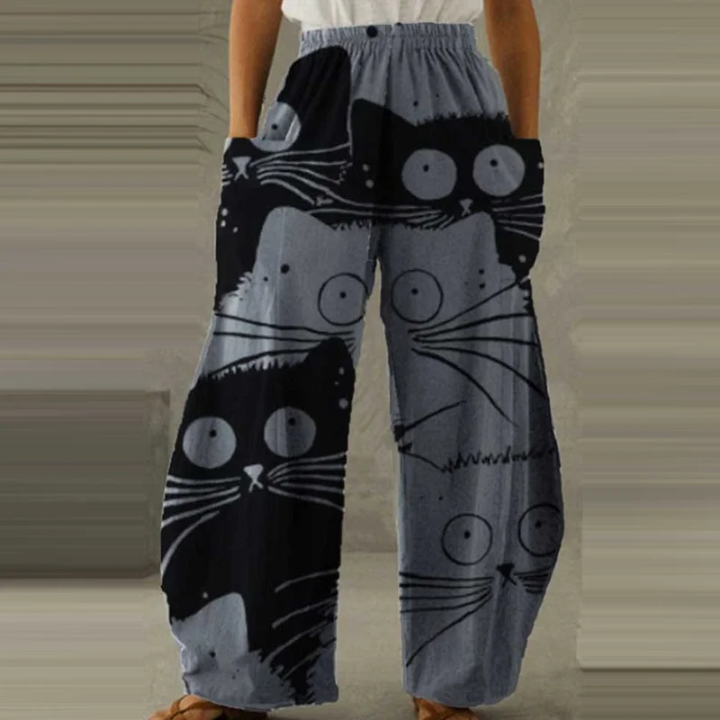 

Women Casual Bohemian Cotton Linen Elastic High Waist Wide-leg Loose Lady Large Sizes Trousers Pocket Long Pants