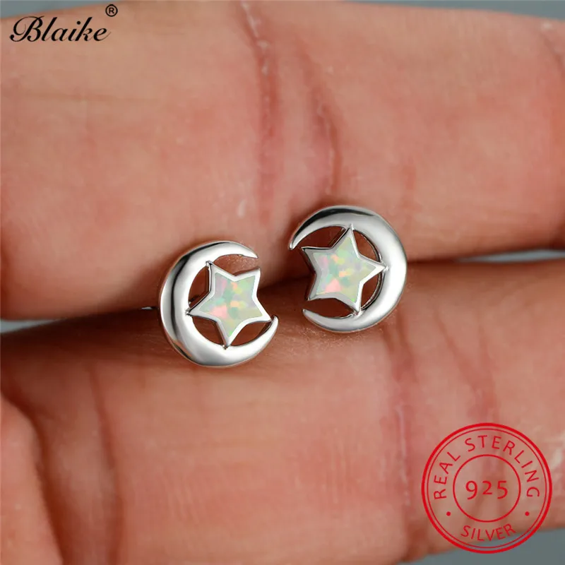 Милые сине-белые огненные опал звезда луна серьги 925 пробы серебряные свадебные