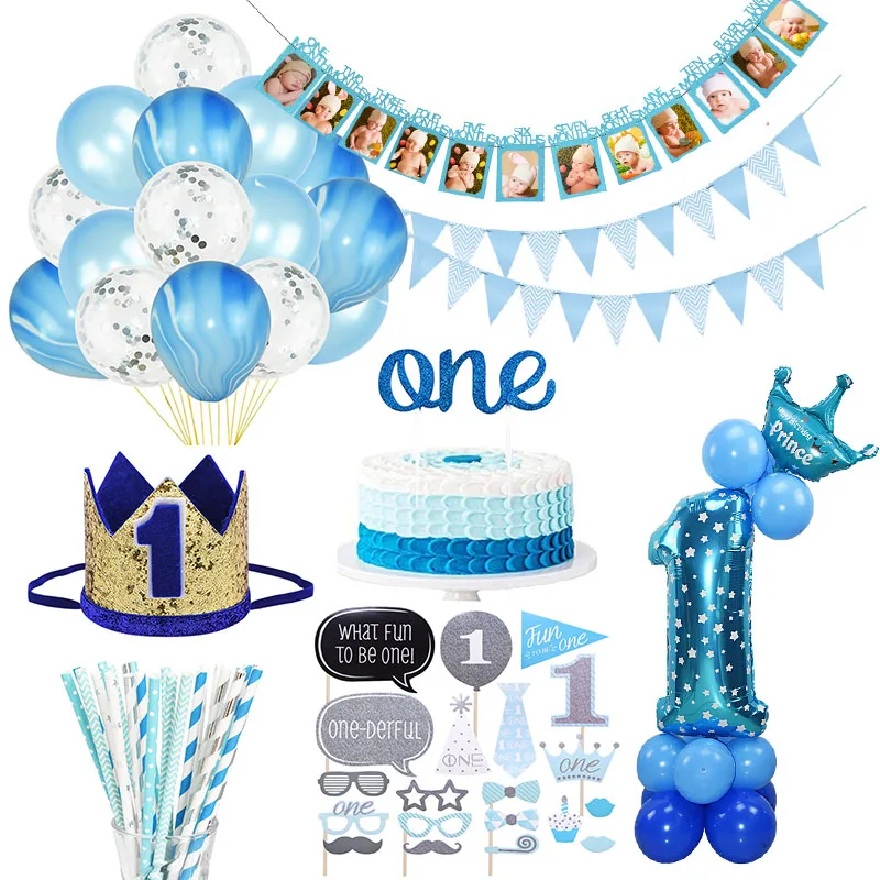 

1 Year Old Birthday Party Decor Foil Balloon Globos Banners Paper Garland Gender Reveal Kid Baby Shower Party Decoration