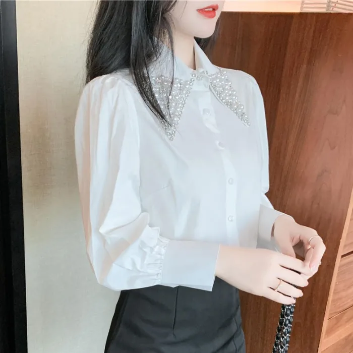 Женская офисная блузка с длинным рукавом элегантная белая отложным воротником и
