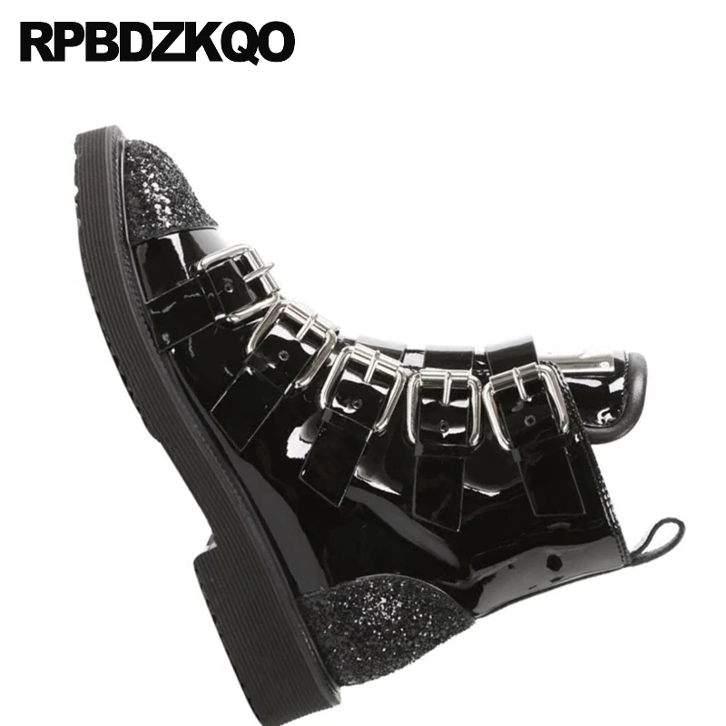 Ботинки женские из лакированной кожи байкерские мотоциклетные черные с