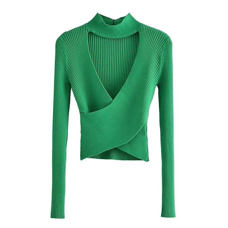 

Женский вязаный свитер с вырезами YENKYE, зеленый свитер с длинным рукавом и высоким воротником, новый весенний пуловер, укороченный топ, 2022