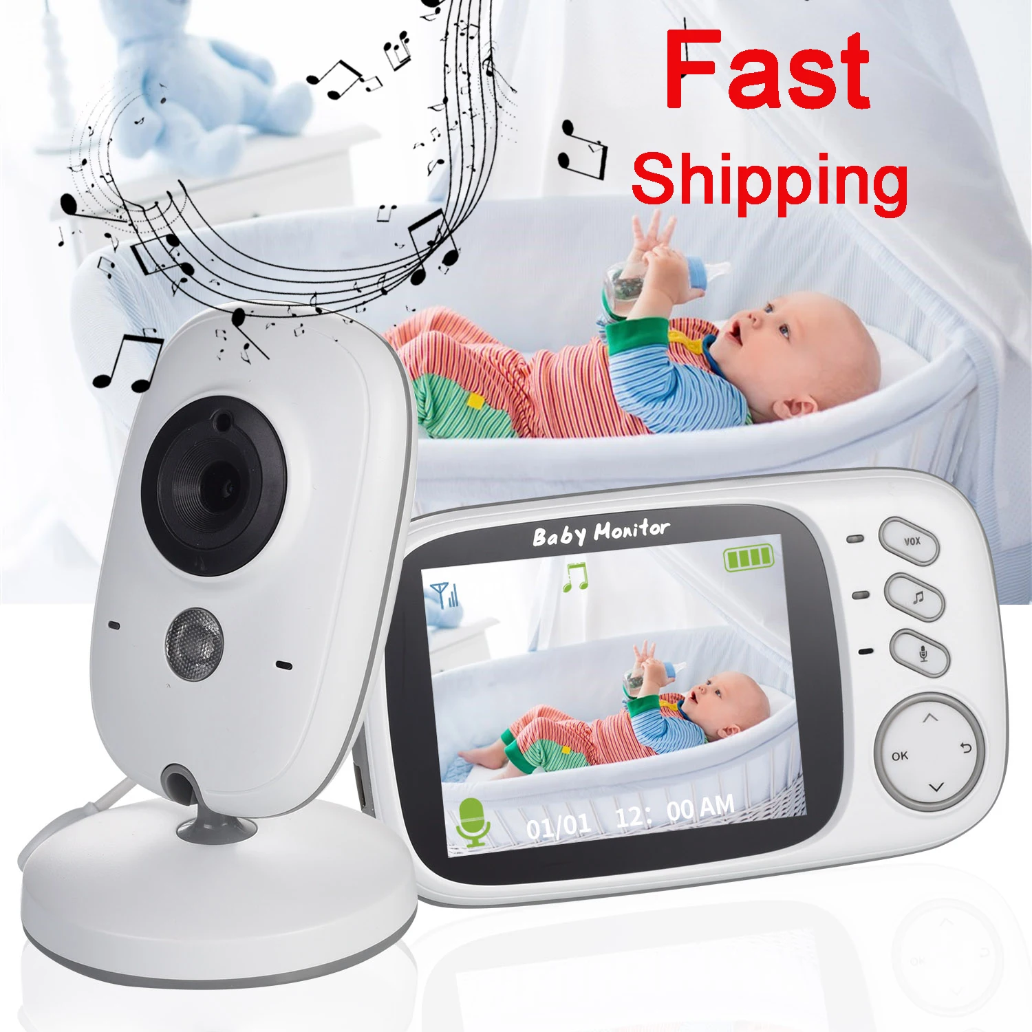 

Wireless Baby Monitor 3.2 inch LCD IR Night Vision 2 way Talk 8 Lullabies Temperature monitor video nanny radio baby camera