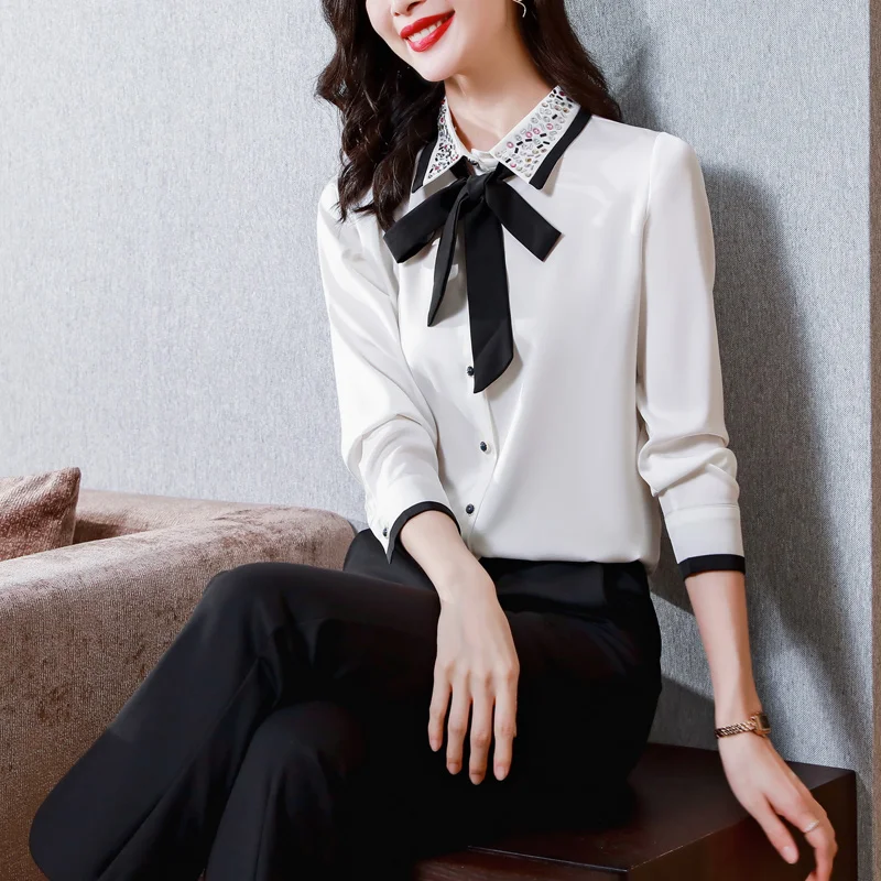 

Chiffon Loose Women's Shirts Casual Long Sleeve Blusas New Fashion Blouses Solid Color Bow Tie Shirt Autumn Houthion