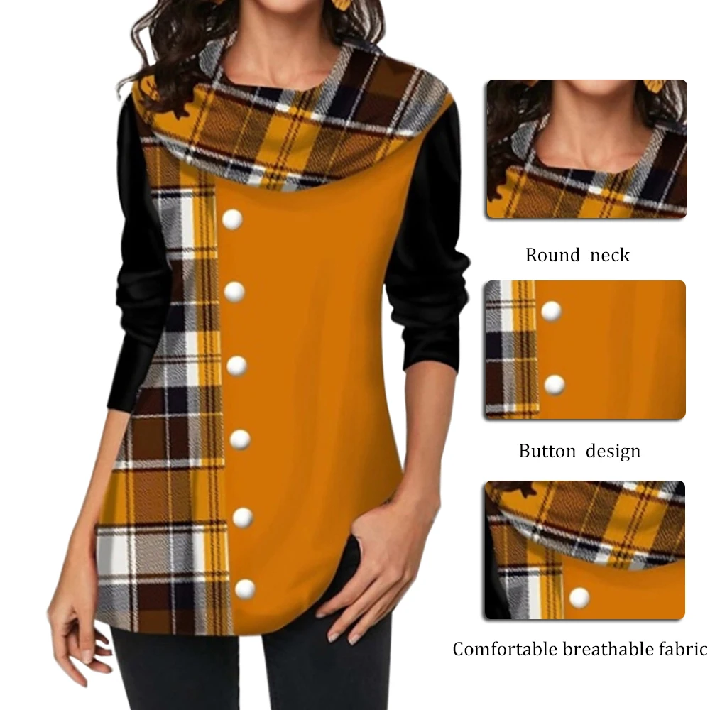 Женские клетчатые толстовки Толстовка на пуговицах с длинным рукавом осень и