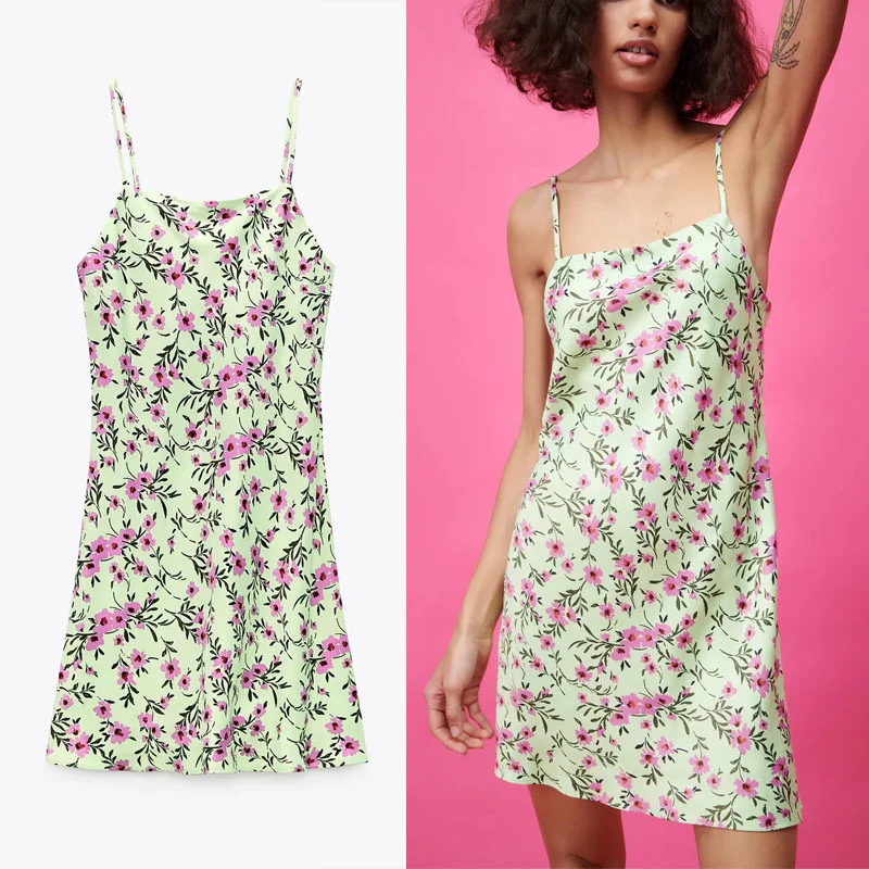 

Женское атласное мини-платье без рукавов Za, зеленое винтажное платье на бретелях с открытой спиной и цветочным принтом, лето 2021