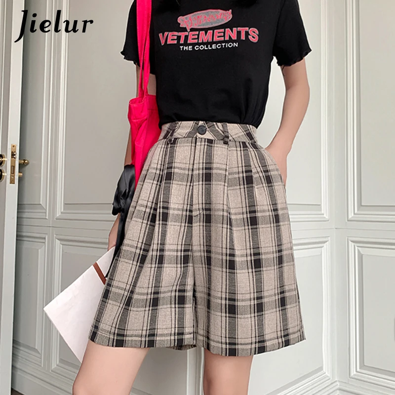 Шорты Jielur женские в клетку из хлопка и льна базовые повседневные свободные