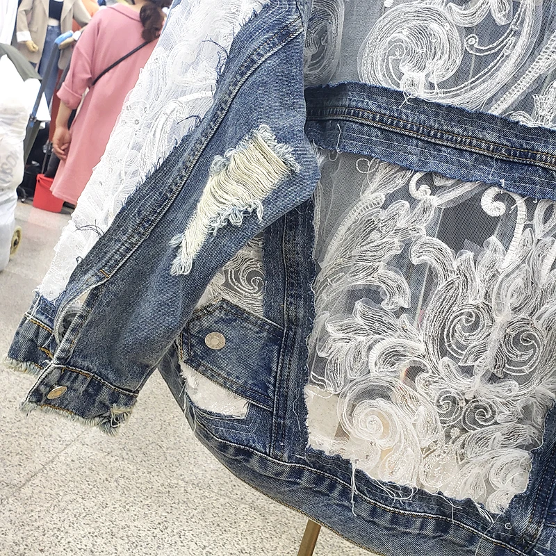Cakucool Denim jacket Autumn vintage ethnic mesh embroidery holes loose coat fairy chic Outerwear jaqueta fashion women 2020 | Женская