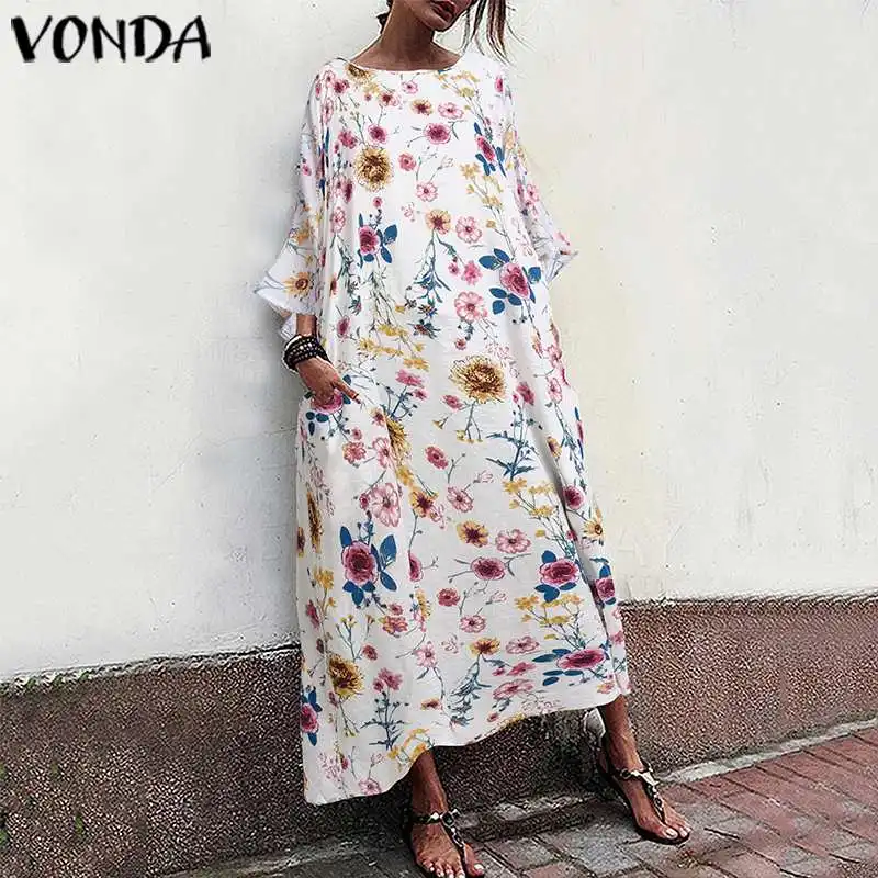 Женское длинное платье VONDA винтажное повседневное праздничное с круглым вырезом