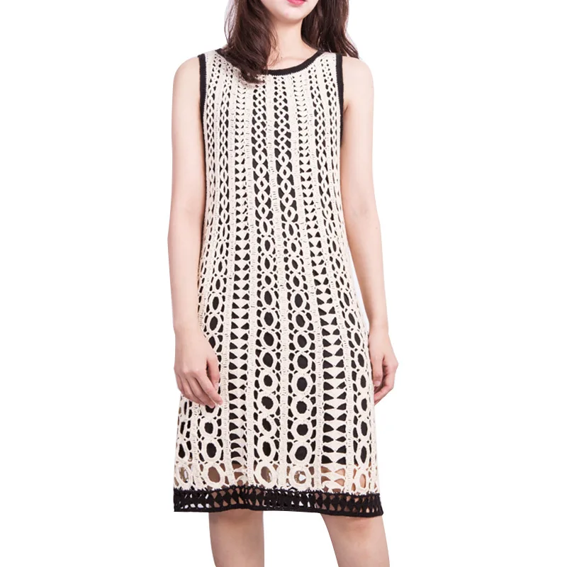 

2021 new summer Korean fashion hand hook hollow out dress all cotton femininity round neck sleeveless medium length skirt