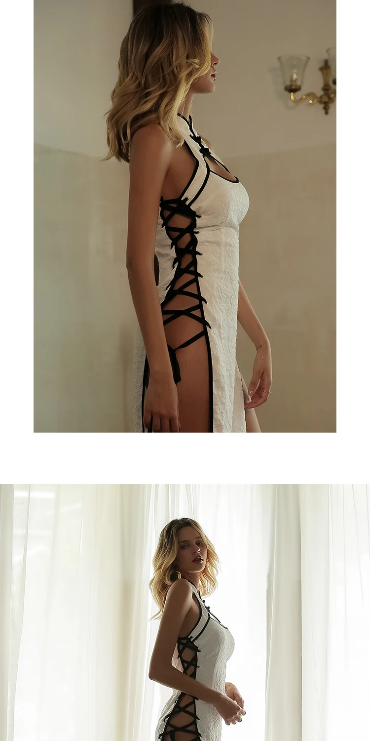 Женская пижама, сексуальное женское нижнее белье, на бретелях, Cheongsam, сексуальное, короткое, тонкое, ночное платье, на бретелях, открытая одежда для сна, ночная рубашка+ штаны