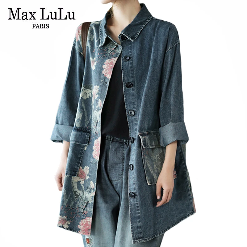 Camisas para Mulheres Lulu Estilo Chinês Topos Senhoras Vintage Floral Denim Casual Solto Impresso Blusas Bolsos Roupas Tamanho Grande Max 2021