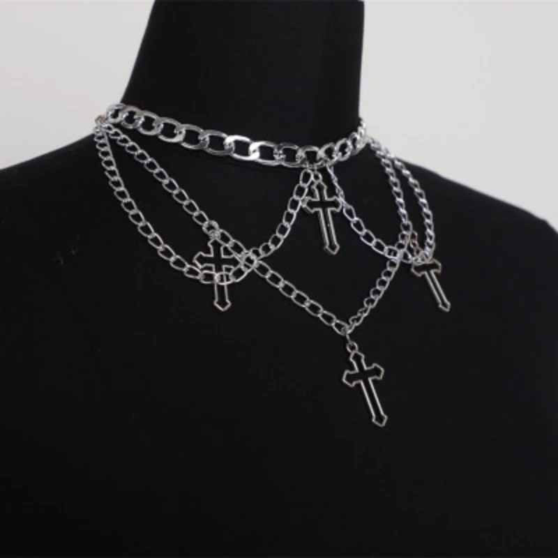 

Goth Exaggerated Punk Hollow Chain Cross Personality Pendant Metal Multilayer Necklaces For Women Accessories Jewelry