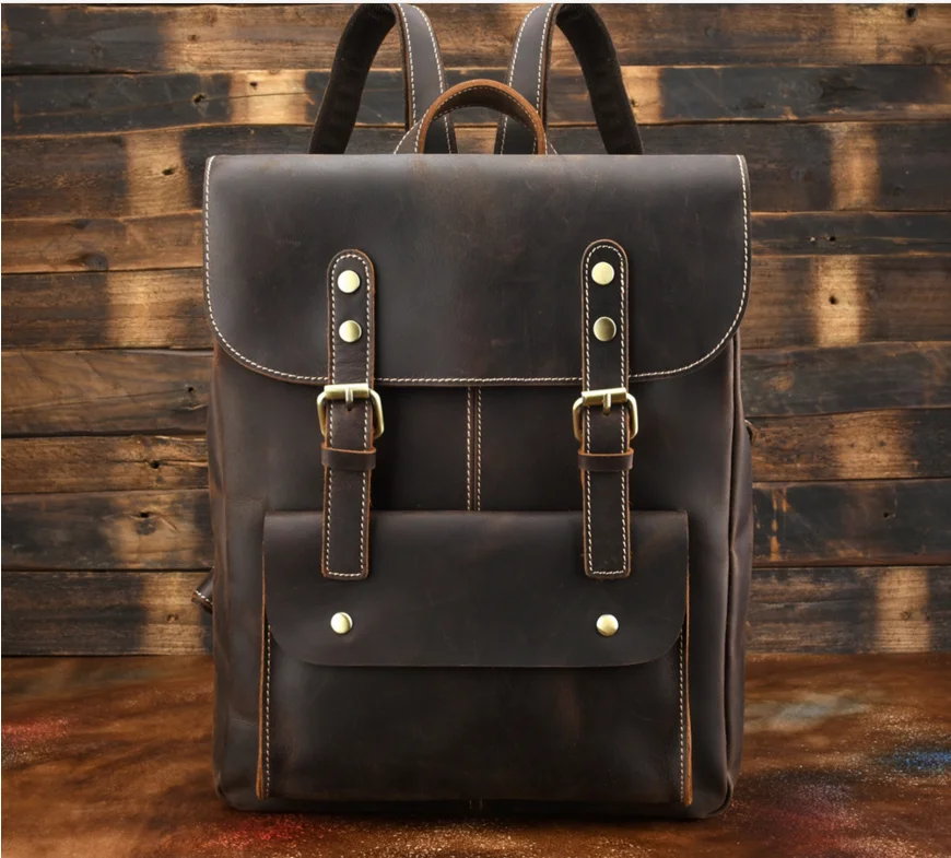 Модный мужской рюкзак crazy horse из натуральной воловьей кожи винтажный стильный