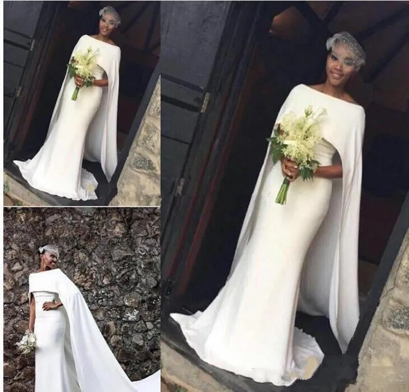 

Simple Ivory Mermaid Wedding Dresses Long Tail 2020 Elegant Cape Style Bridal Gowns African Cheap Bride Dress Custom Made Women