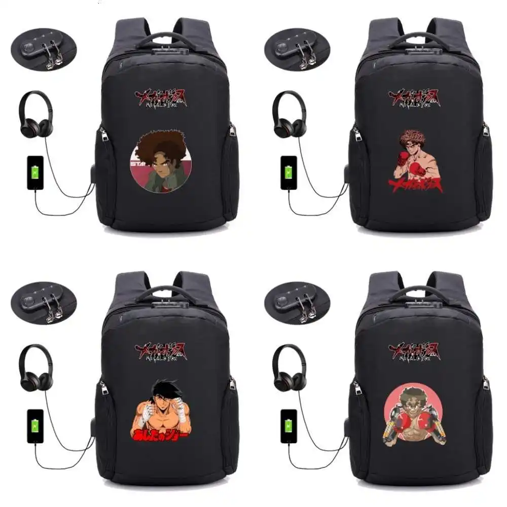 

anime Megalo Box backpack teenagers student bookbag USB Charging backpack Anti-theft Laptop bag Travel Bag 12 style