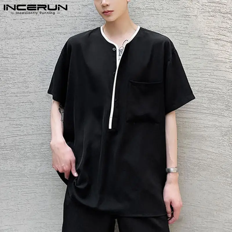 

Мужская рубашка с круглым воротом, из кусков, летняя футболка с короткими рукавами дышащая повседневная мужская одежда 2021 свободные улично...