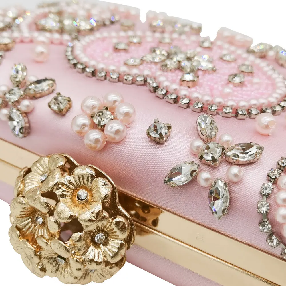 

Bags for Women 2019 Vintage Pink Beaded Clutch Women Evening Bags Heart & Flower Wedding Crystal Clutches Handbags Bridal Purses