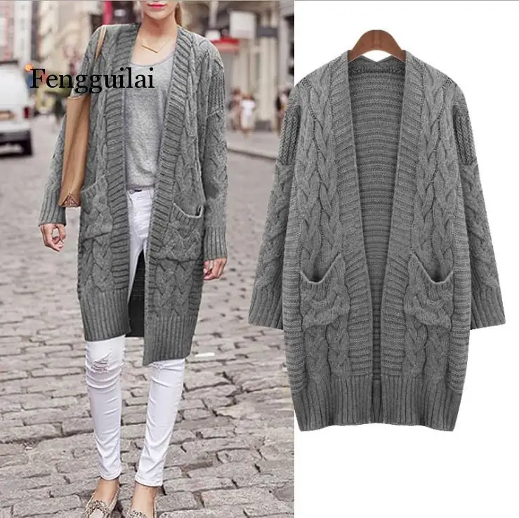 

Pull Femme Nouveaute 2020 Thick Autumn Sweater Cardigan Female Long Knitted Coat V-Neck Pockets Knitted Tops Jumper Mujer
