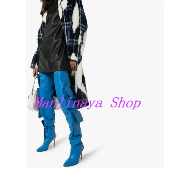 Синие кожаные женские ботинки с вырезами в стиле пэчворк высокие сапоги выше