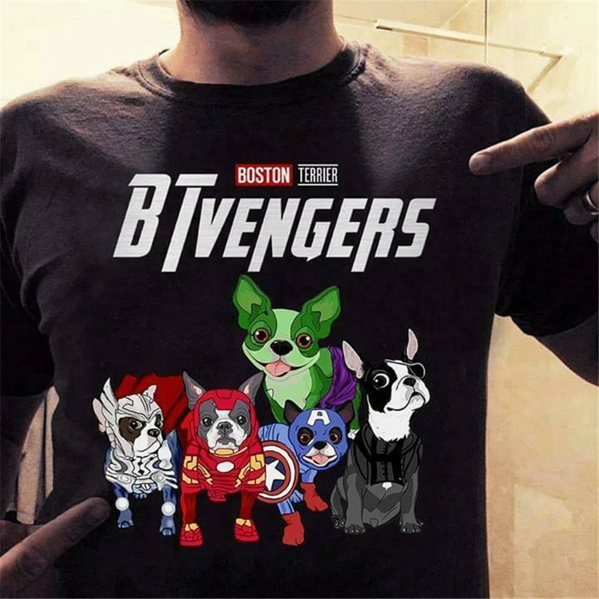 Btvengers Мстители эндгейм Бостон терьер футболка Черная Хлопковая мужская