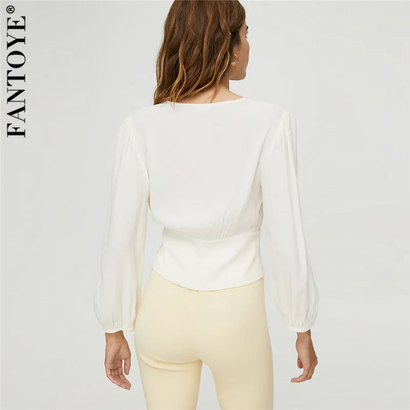 FANTOYE Sexy Deep V-Neck Lace Puff Sleeve Tops Blouses Women Vintage Long Sleeve Slim Blouse Shirts Female Chiffon Shirts Blousa