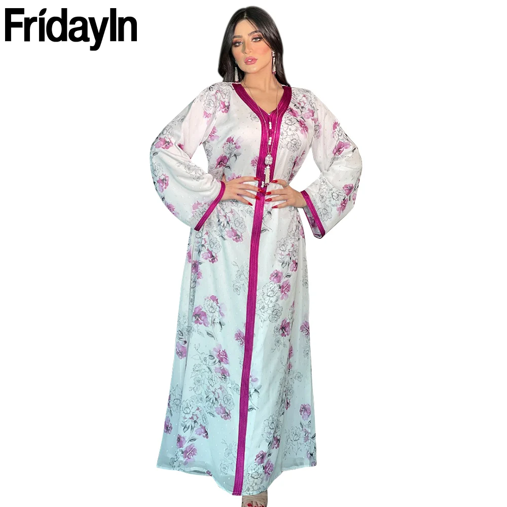 Fridayin Арабская абайя для женщин с длинным рукавом белые цветы V-образный вырез мусульманский халат женские мусульманские платья