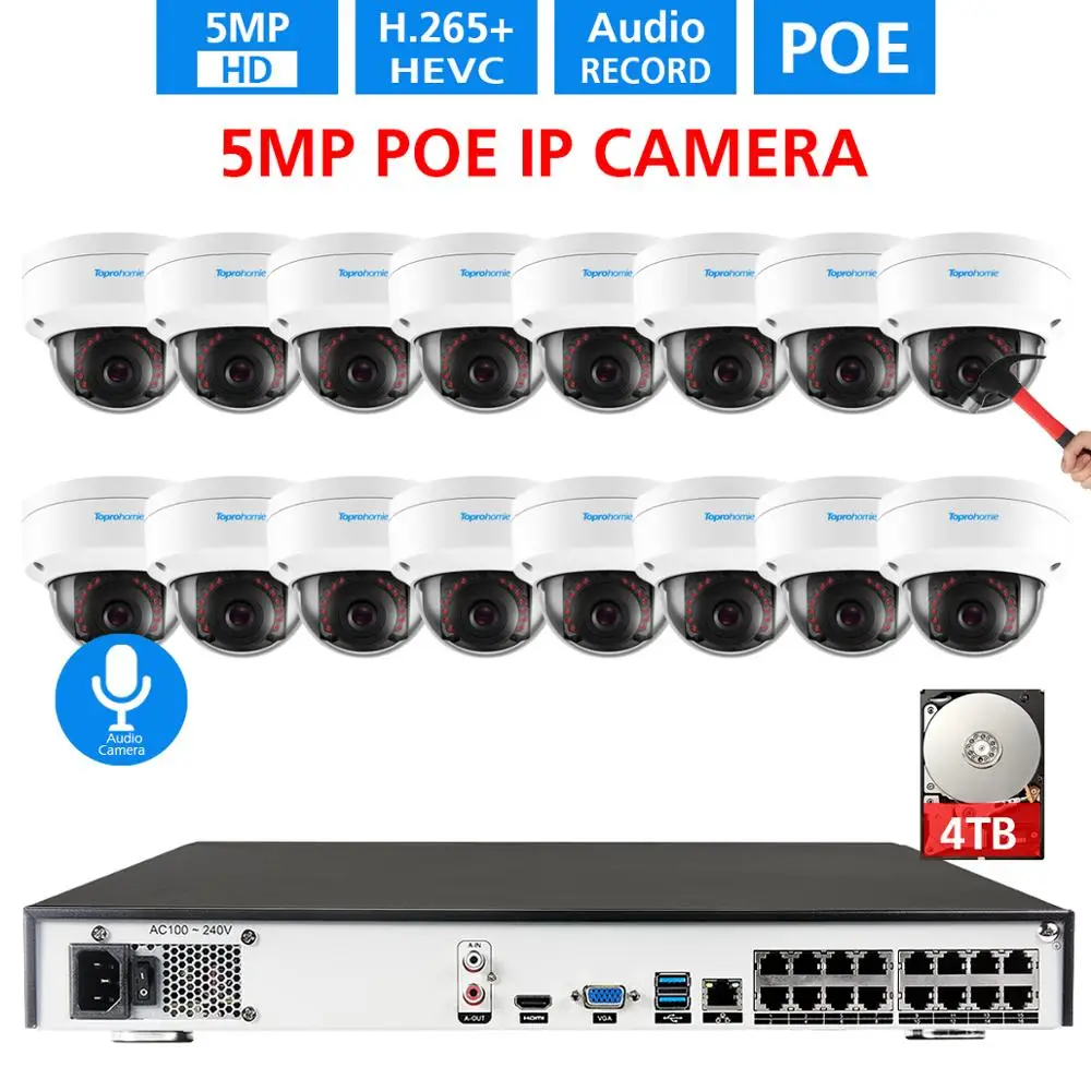 TOPROHOMIE H.265 + 16CH POE CCTV система 48В 5Мп безопасности Vandalproof аудио запись камера ночного