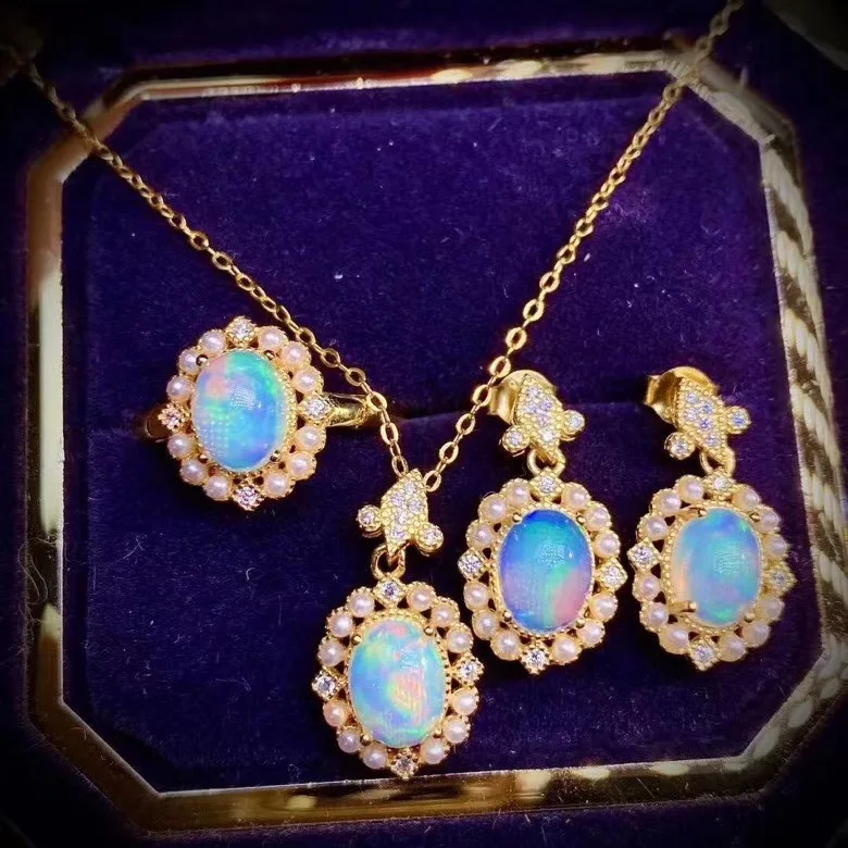 

Female Vintage Yellow Gold Color Jewelry Set Oval Opal Gemstone Pendant Necklace Earring Ring for Women Party Jewelry Gift
