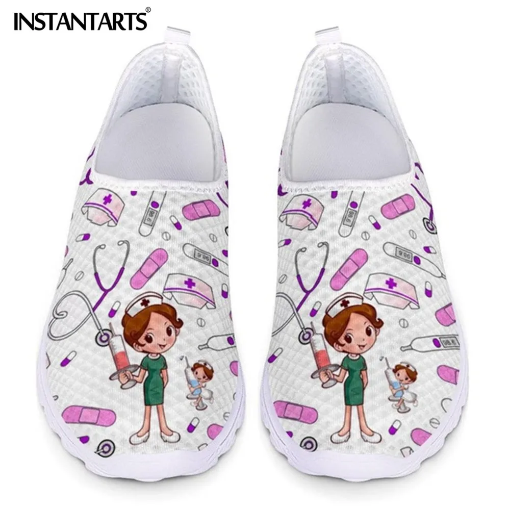 

INSTANTARTS Cute Cartoon Nursing Doctor Surgery Printed Woman Flats Sneakers Mesh Nurse Shoes Women Light Weight Ladies Footwear
