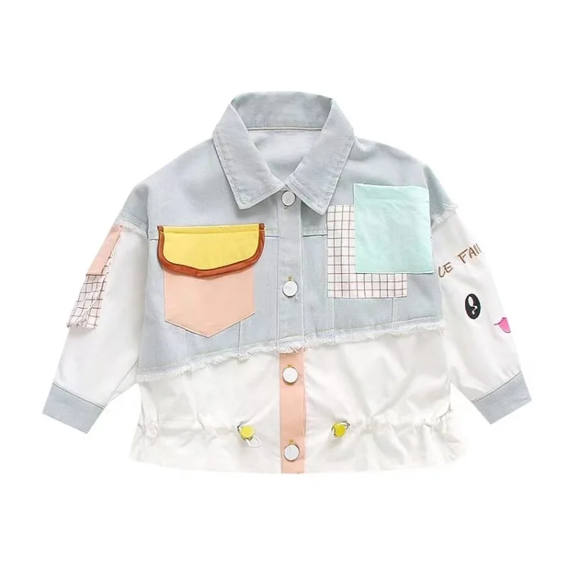

2021 New Girl Korean Version Short Multicolor Stitching Fashion Kids Clothes Children's Spring Drawstring Denim Jacket GJ06