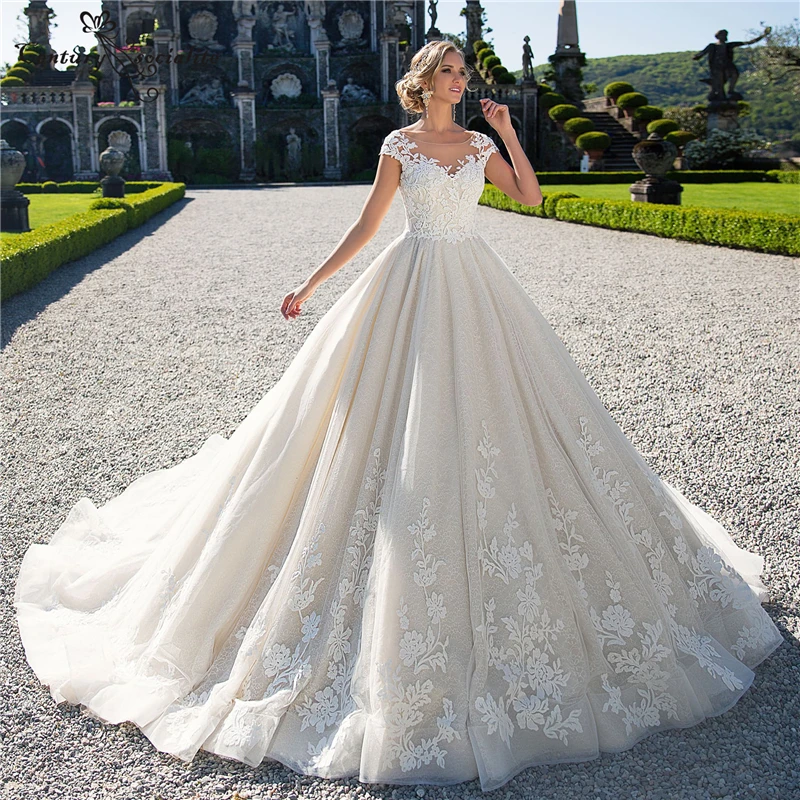

Luxury Princess Wedding Dresses Plus Size Lace Appliques Bridal Dress for Women 2020 Cap Sleeve Corset Back Vestido De Noiva