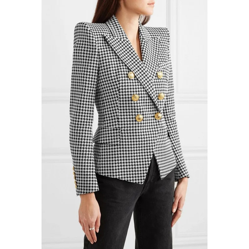 HarleyFashion Autumn Spring High Quality Women Casual Slim Blazer Metal Buttons Houndstooth Print Blazers | Женская одежда