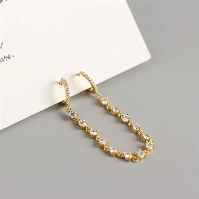 

A00880 Luxury 925 Sterling Silver Round Zircon Tassel Stud Earrings for Women Bohemian Punk Ear Hoop Fine Jewelry Gift