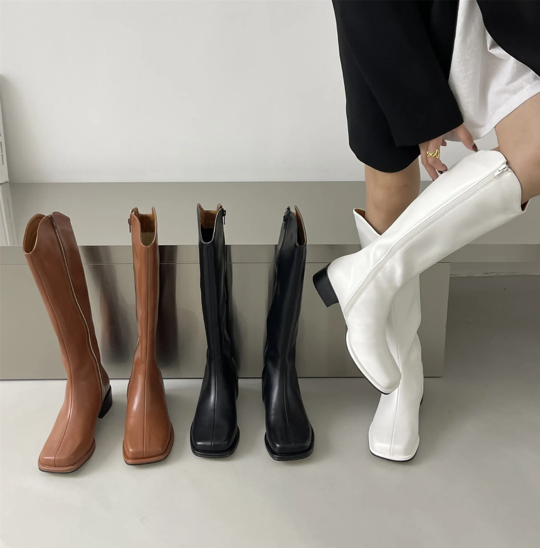 

Shoes Med Heel Boots Leather Rubber PU Rome Basic Fabric Hoof Med Heel Boots Women's Rubber Shoes Rain Leather Rome PU Basic Fab