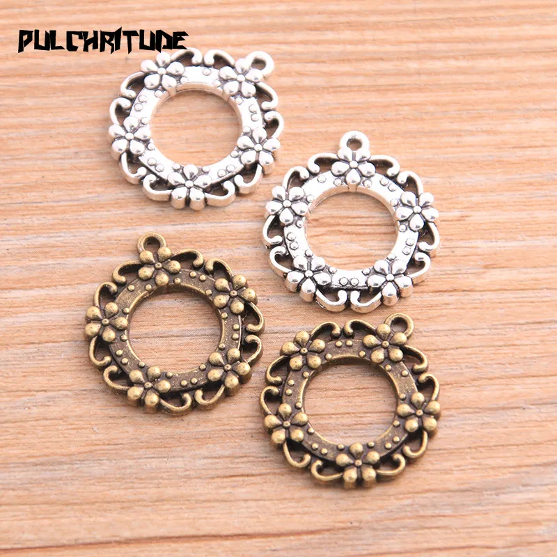 

PULCHRITUDE 6pcs 22*25mm 2020 New Product Two Color Round Hollow Flower Charms Plant Pendant Jewelry Metal Alloy Jewelry Marking