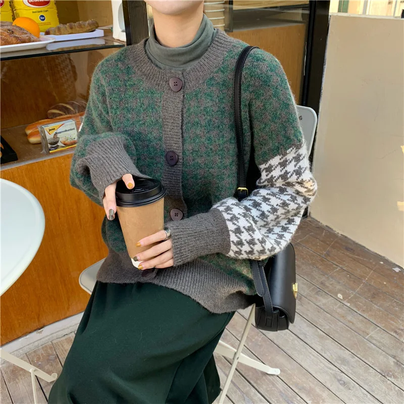 Женский кардиган в стиле пэчворк с узором гусиная лапка осенне-зимний свитер