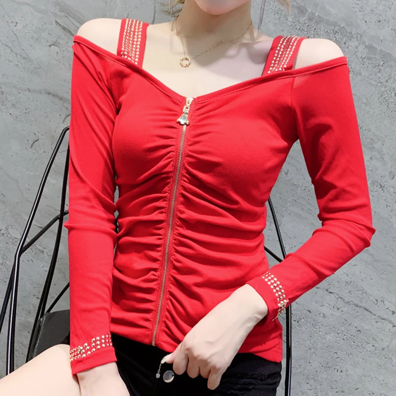 

LJSXLS сексуальные футболки с открытыми плечами на молнии Женская Одежда Осенние Лоскутные Топы футболка с длинным рукавом тонкая белая футбо...