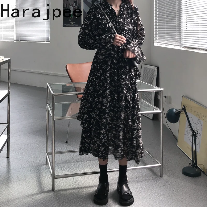 

Harajpee Women Dress Retro Long-sleeved Floral Dress Women's Waist Slimming Dress V-neck Flare Sleeve Spring Autumn New Korean