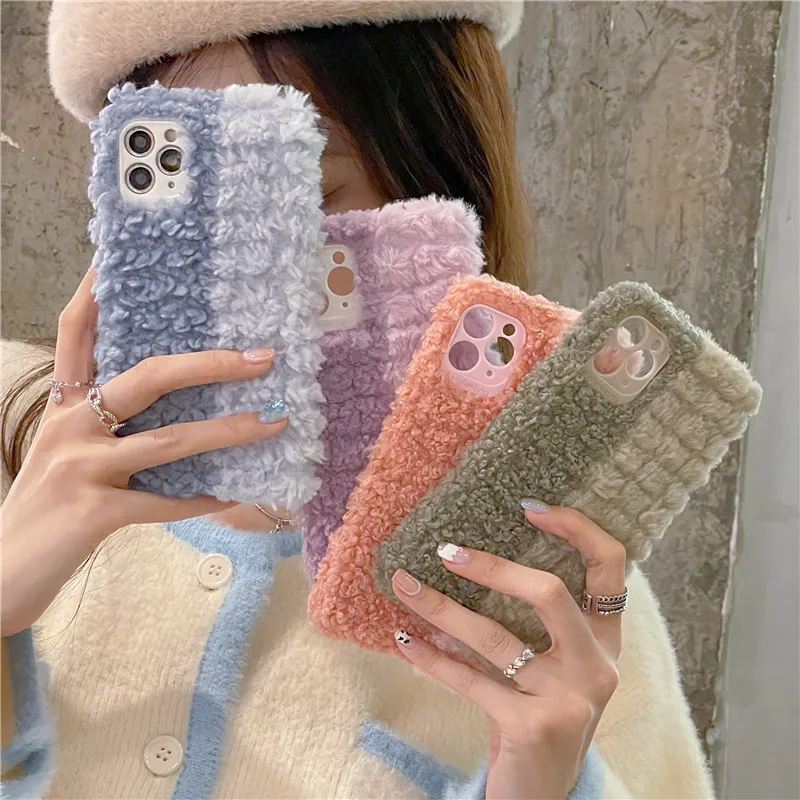 

Cute Winter Warm fur Phone Case For iPhone 11 Pro Max XR XS Max X 8 7 6S Plus Luxury Solid color Plush Soft silicone Back Cover