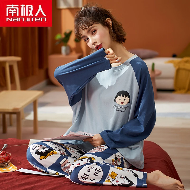 

NANJIREN Women Clothing Pajamas Set Warm Korea Style Long Sleeve Oversized O-Neck Sweet Cotton Home Pajamas Set For Women