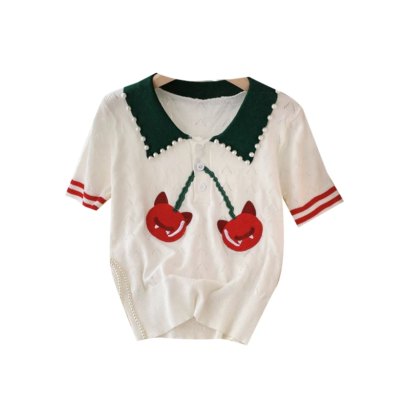 

Summer New Style Knitted Short-sleeved Blouse Women's Sweet Beaded Doll Age Reduction Wild Embroidery T-shirt DK1124