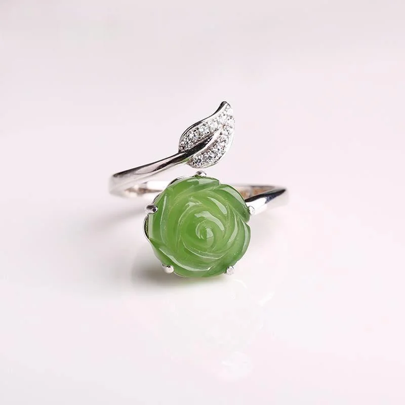 

Original design natural Hetian jasper rose flower creative opening adjustable ring Chinese retro charm women's silver jewelry