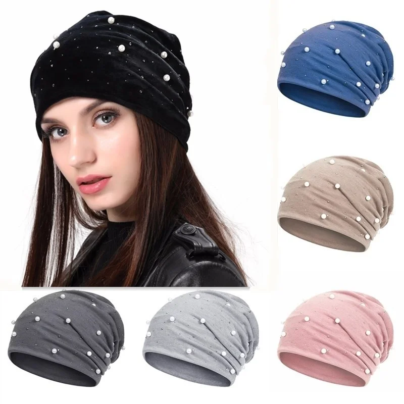 

Winter Women Slouchy Beanie Hats Soft Cotton Pearl Rhinestone Dotted Hats Autumn Women Girls Warm Skullies Caps Bonnet Hats NEW