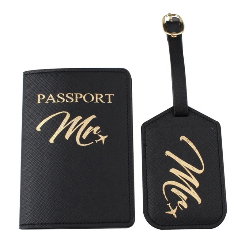 

D0LF 4pcs Mr Mrs Passport Cover with Luggage Tags Holder Case Organizer ID Card Travel Protector Organizer