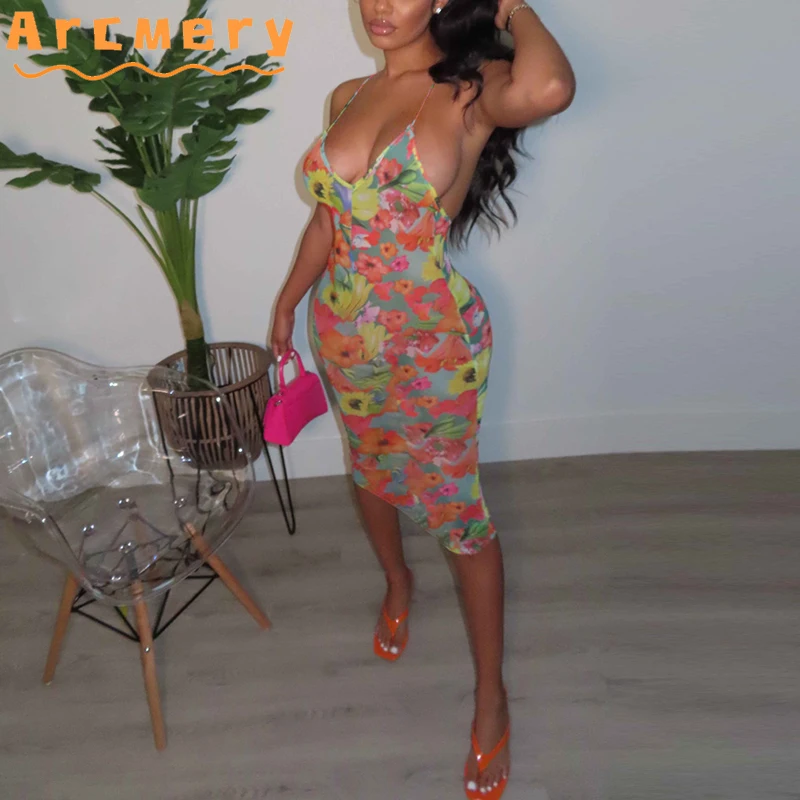 

Women Spaghetti Strap Backless Printed Bodycon Maxi Dress