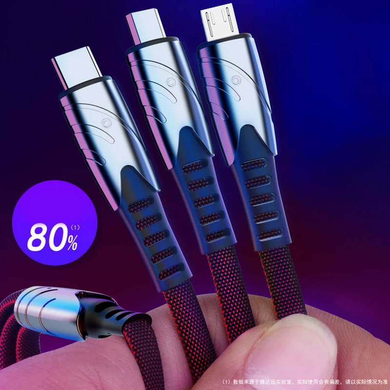 Кабель быстрой зарядки 3 в 1 с разъемом Type C 8Pin Micro USB нейлоновый Плетеный более